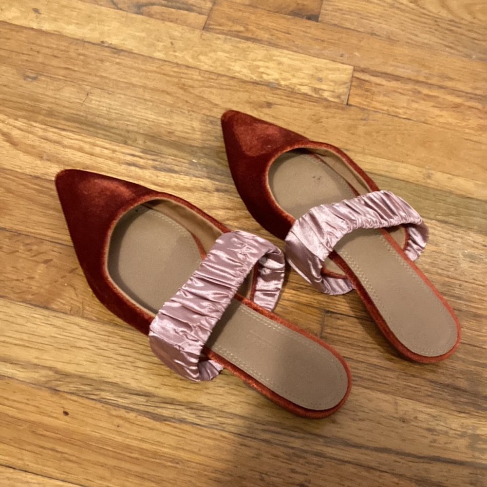 ASOS reddish orange velvet slides